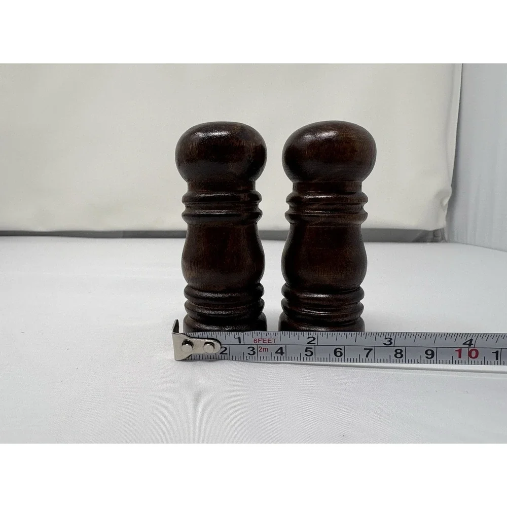 Vintage Turned Dark Wood Grain Wooden Salt & Pepper Shakers Set Small 3